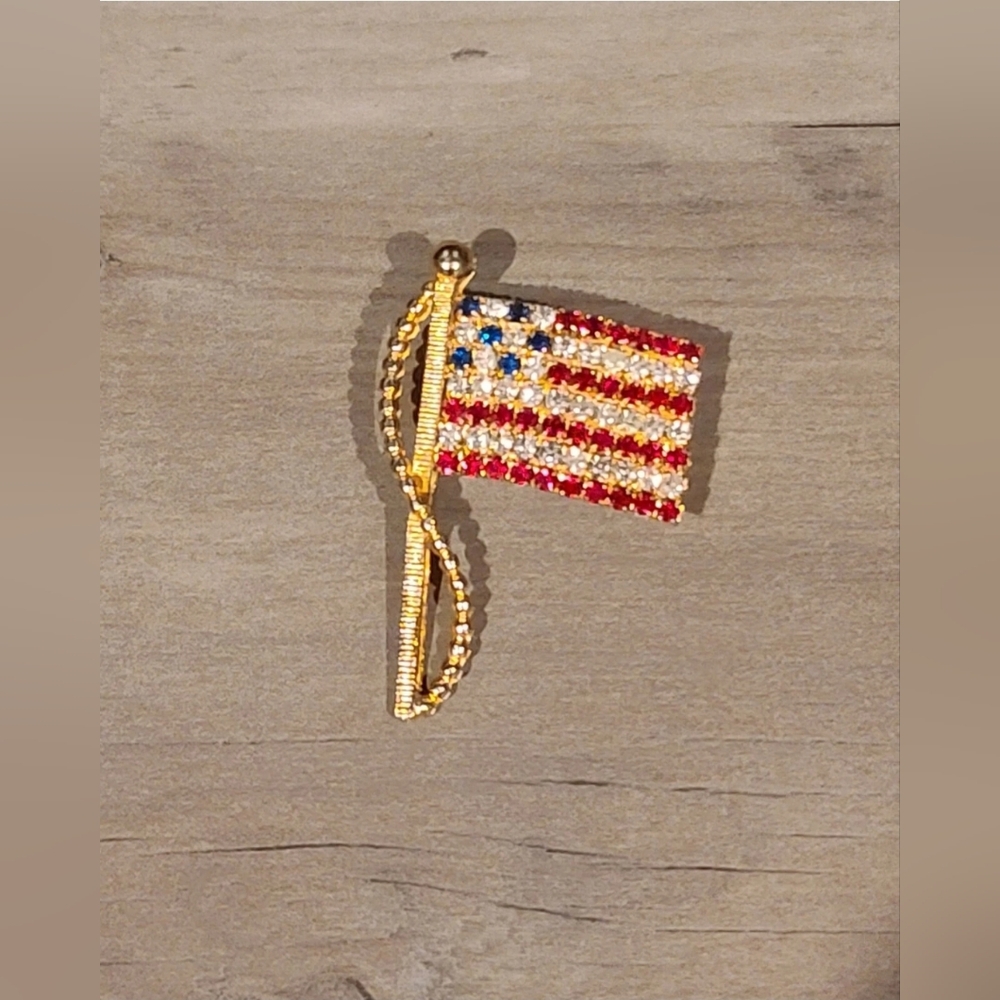 American Flag Pin Brooch Rafaelian Blue White Red Rhinestones [Read Details]